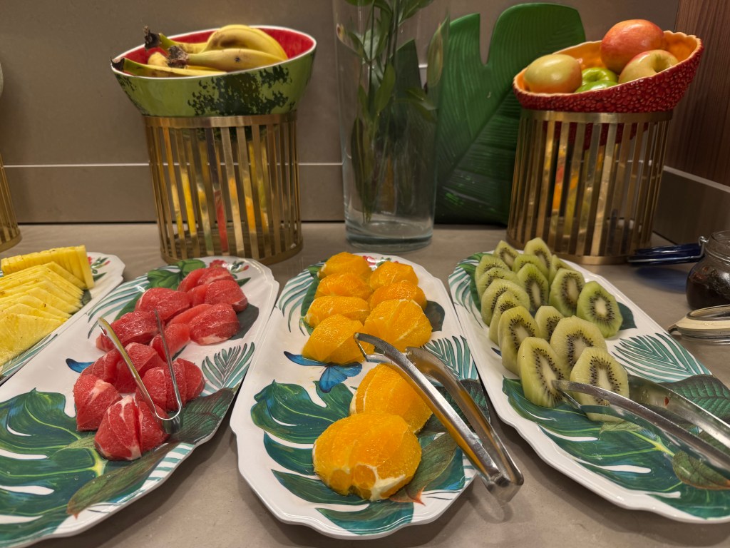 The restaurant's menu features typical local specialties, including local meats and cheeses, cold tomato soup, pastries, and fruits.