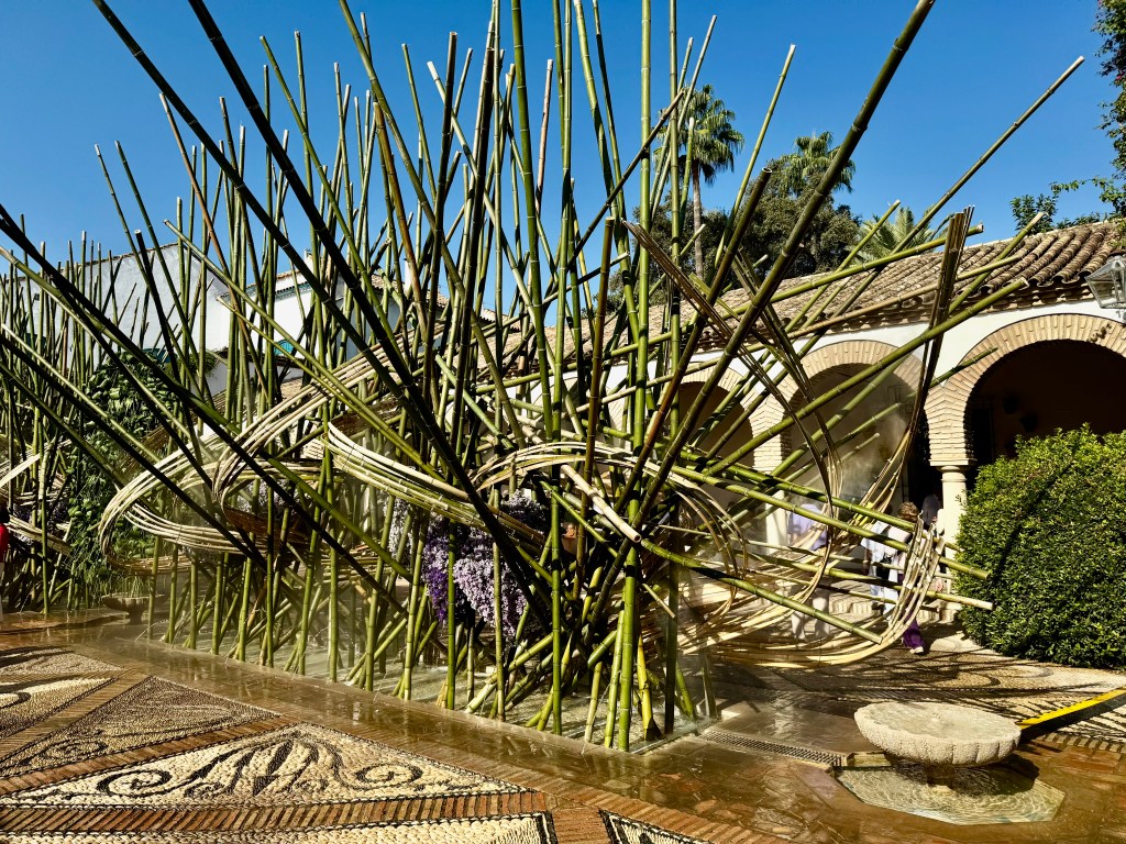 Bamboo canes and fountains in an art installation
