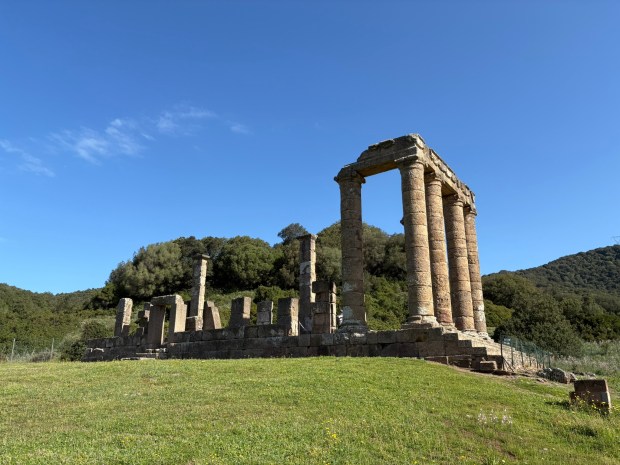 Roman temple ruins in a meadow